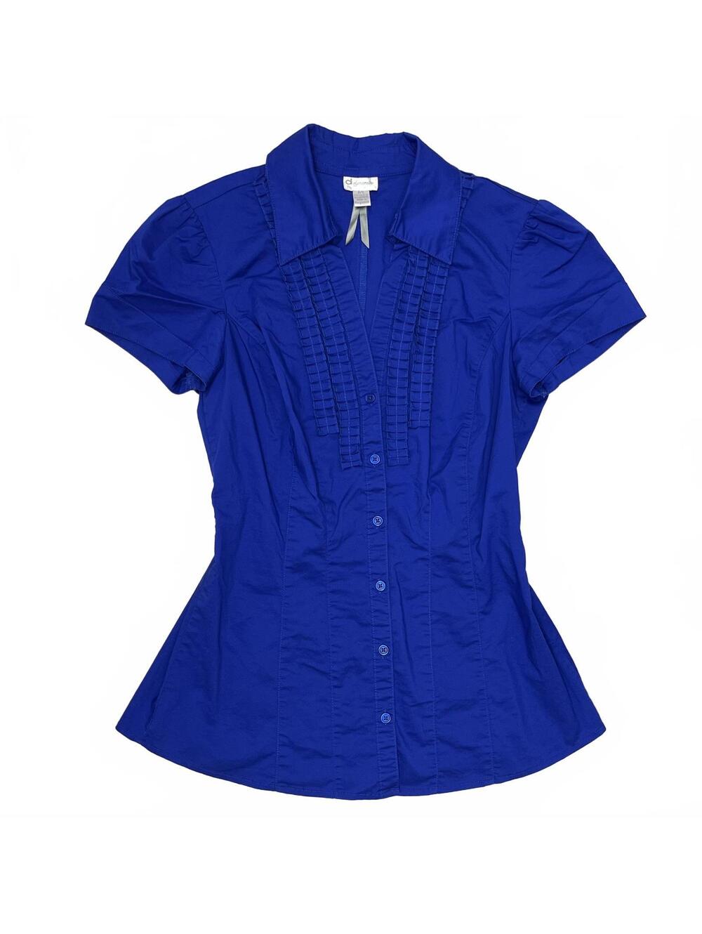 Y2K Office Dynamite Sz S Royal Blue Short Sleeve Button Up Blouse Pleats Details